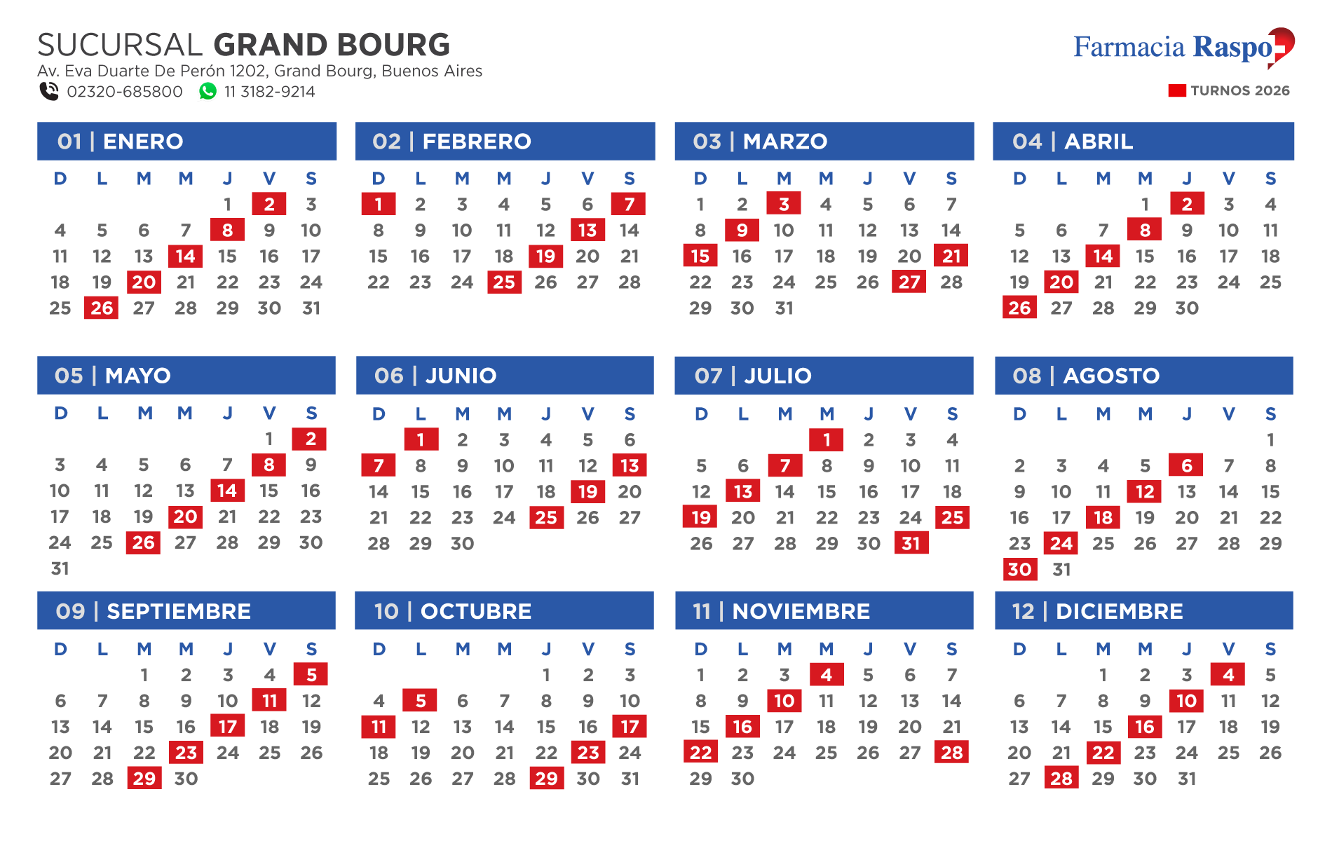 Turnos 2026 Sucursal Grand Burg